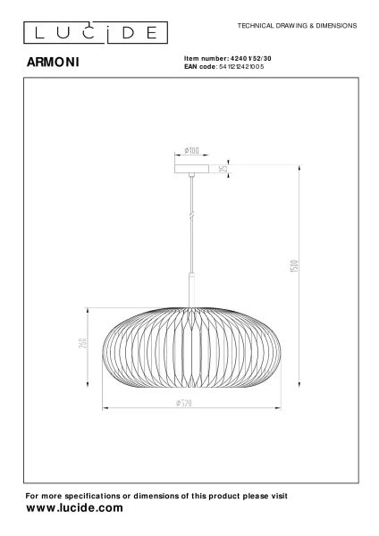 Lucide ARMONI - Pendant light - Ø 52 cm - 1xE27 - Black - technical